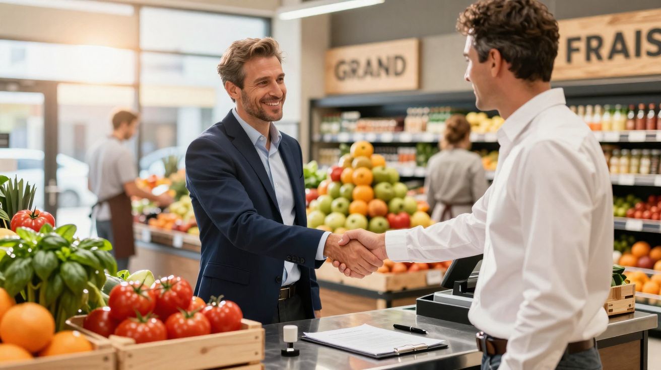 Dois homens apertam as mãos em mercado com frutas e legumes ao fundo, demonstrando acordo ou parceria.