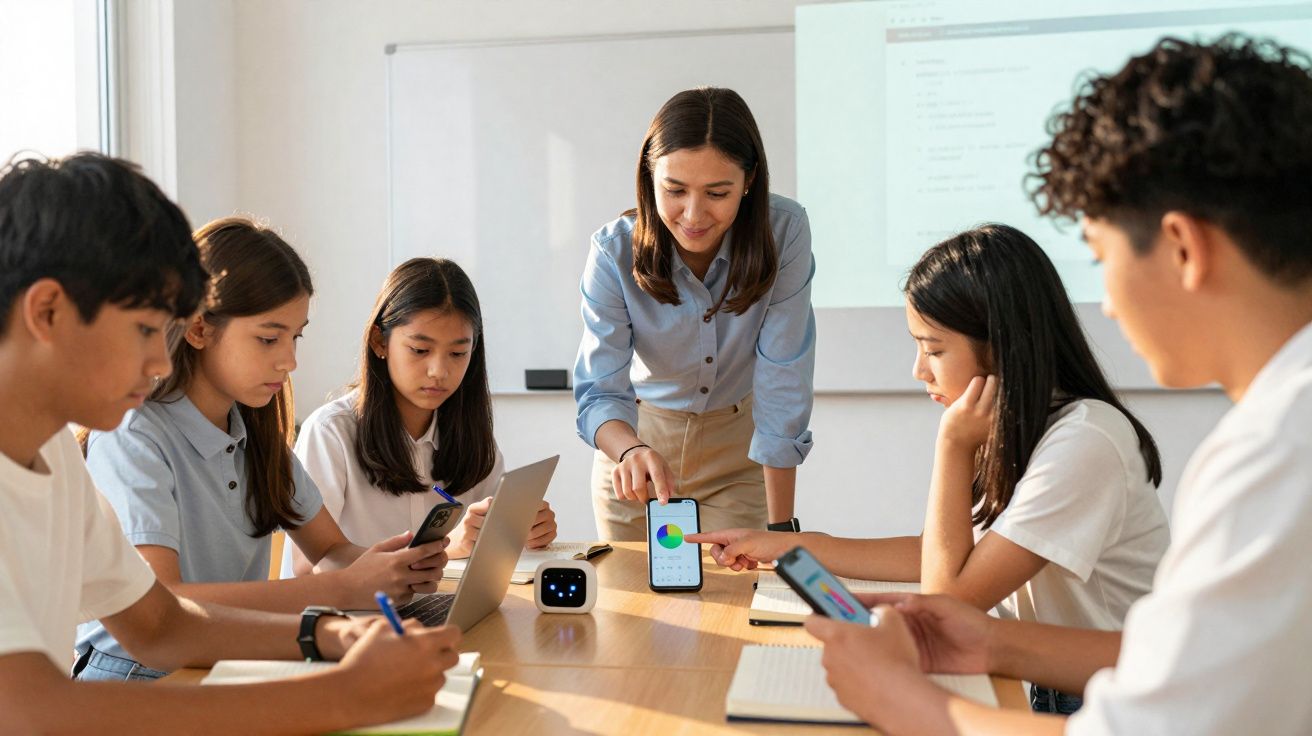 Professora com seis alunos em sala de aula usando smartphone, laptop e caderno em mesa de madeira.