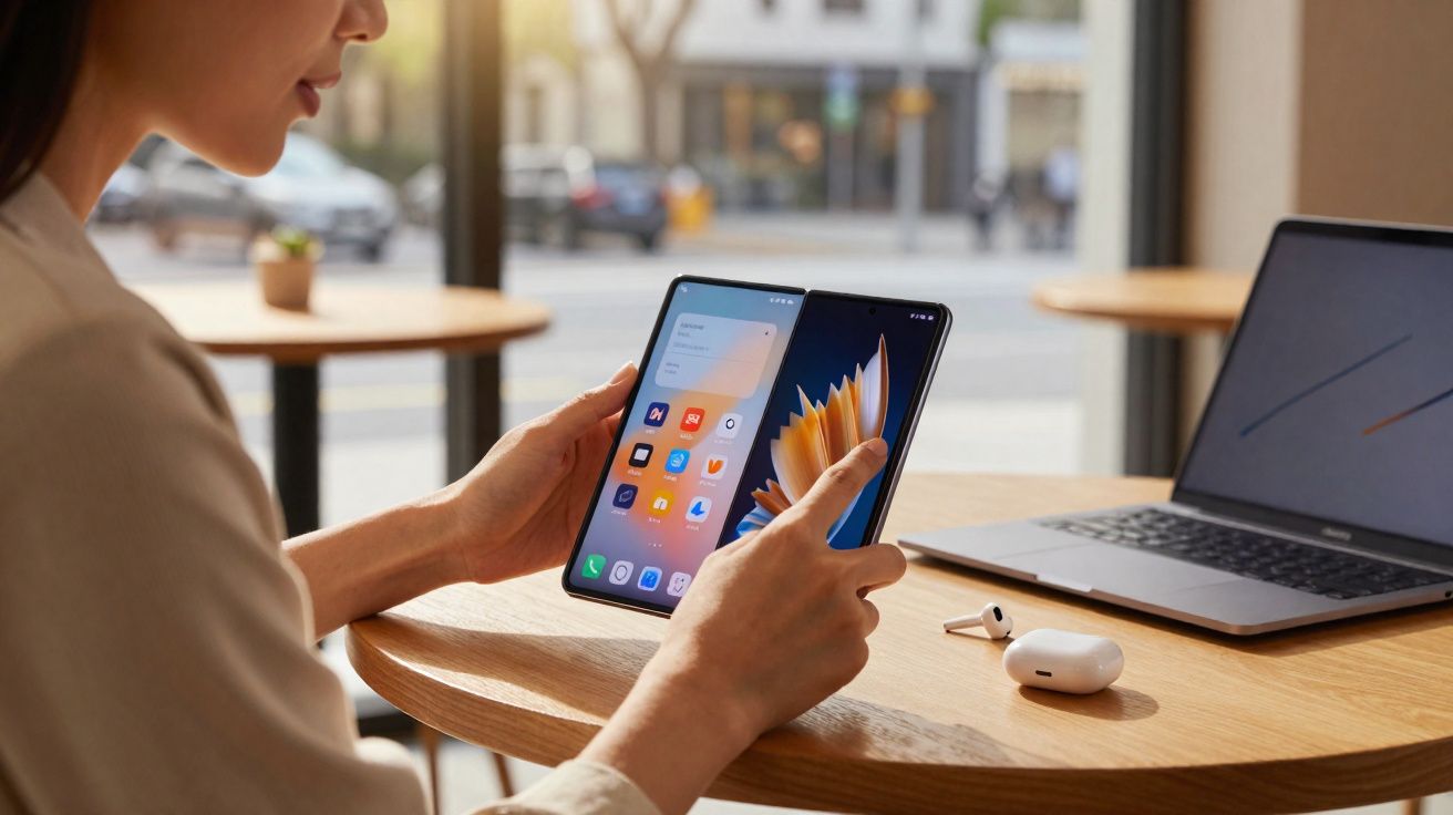 Mulher usando smartphone dobrável enquanto está sentada em mesa com notebook e fone de ouvido sem fio.