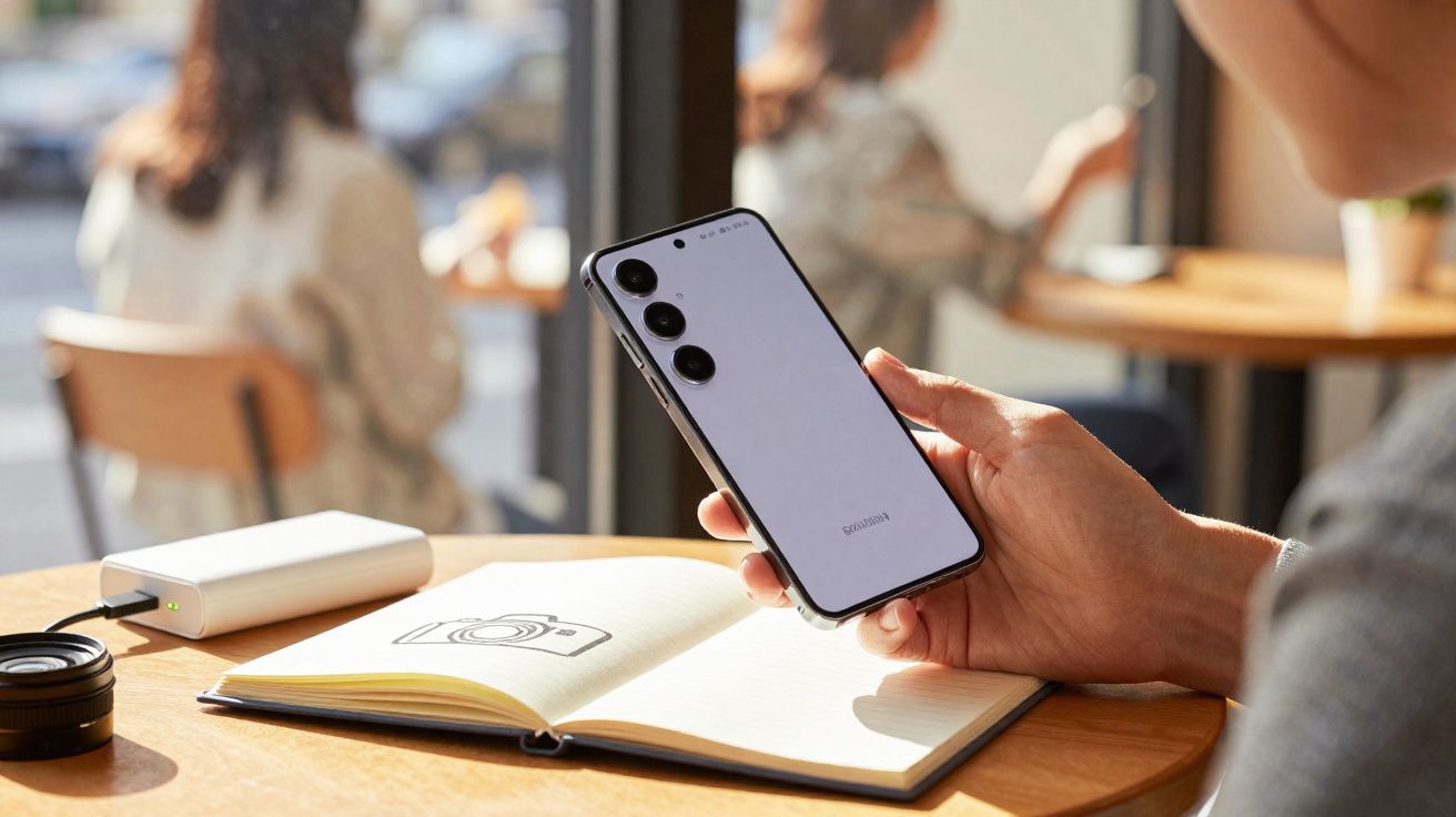 Pessoa segurando smartphone branco em mesa com caderno aberto e acessórios, em ambiente iluminado.