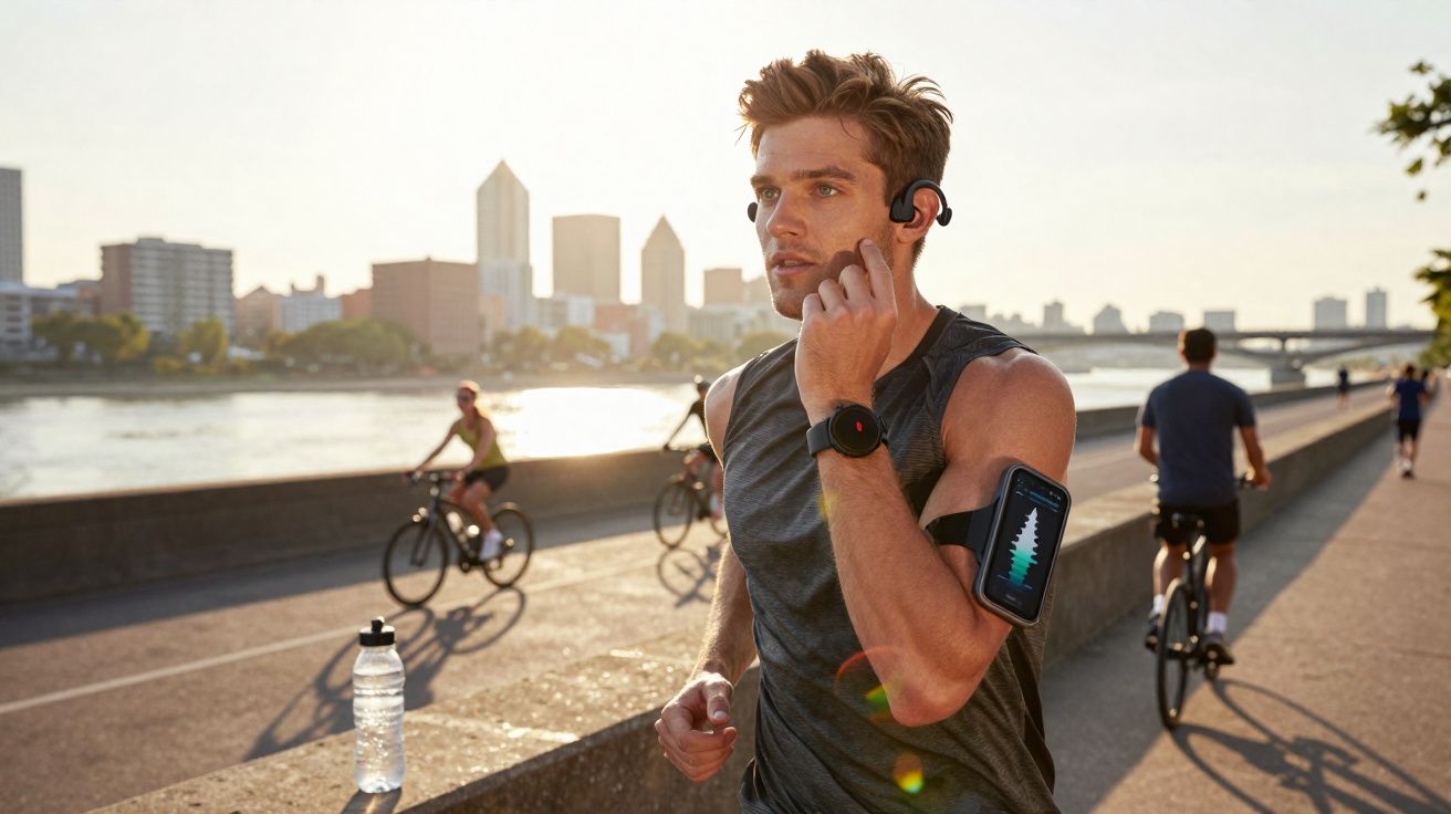 Homem correndo com roupa esportiva e fones, usando relógio e celular no braço à beira de rio urbano.