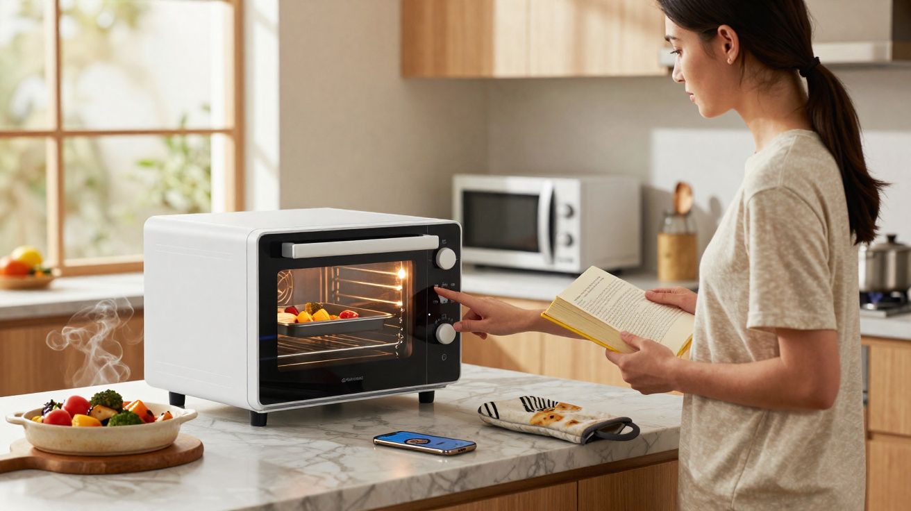 Mulher ajusta forno elétrico na cozinha enquanto segura livro e prepara legumes para assar.