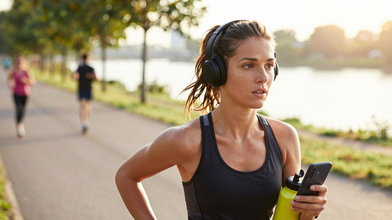 Mulher jovem com fone de ouvido e roupa esportiva segurando garrafa e celular em trajeto ao ar livre.