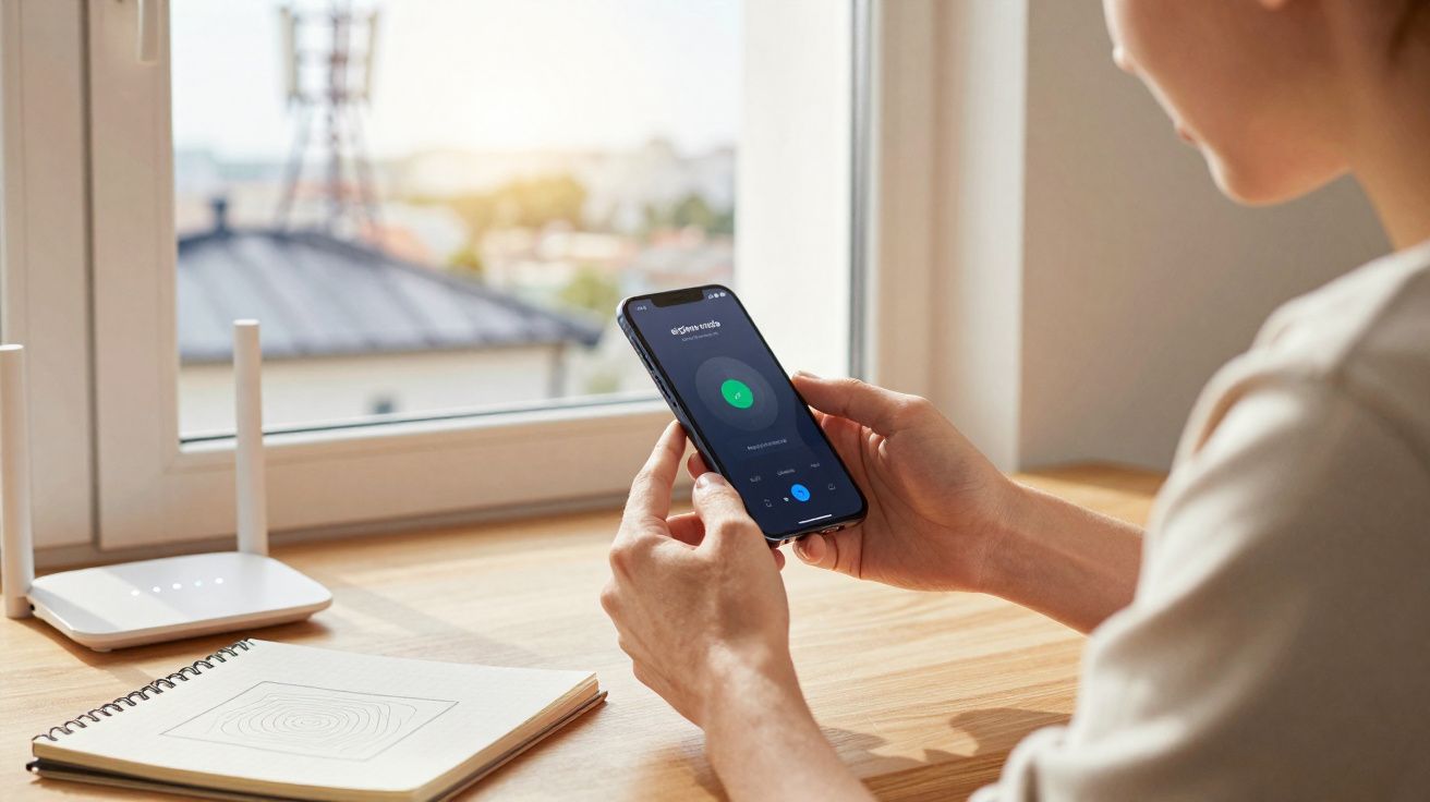 Pessoa segurando smartphone com chamada ativa perto de roteador branco em mesa de madeira junto à janela.