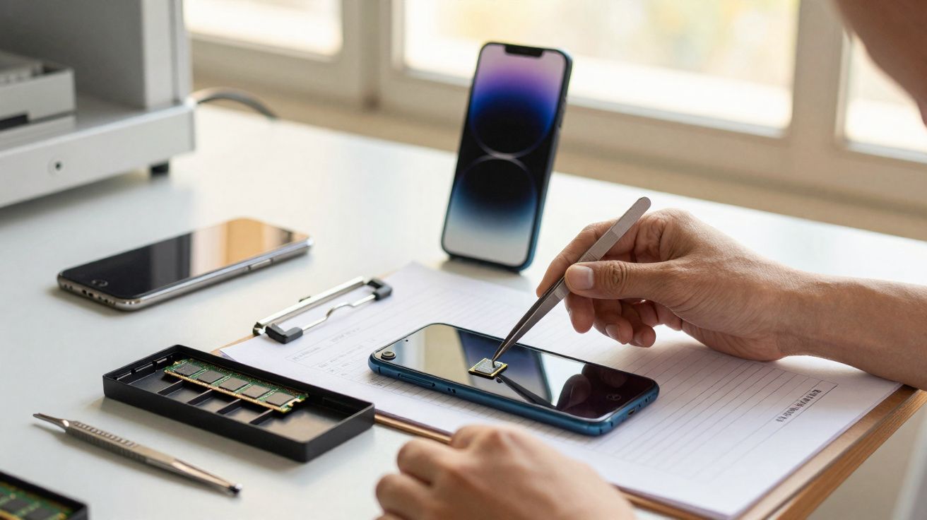 Pessoa usando pinça para colocar chip em smartphone azul sobre mesa clara com outros eletrônicos ao redor.