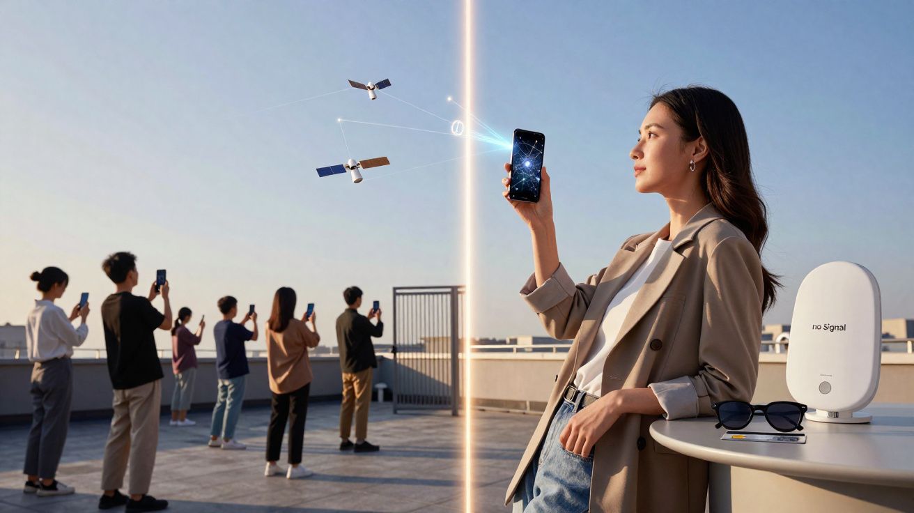 Pessoa usando celular com sinal forte via satélite, enquanto outras pessoas ao fundo têm sinal fraco ou nenhum.