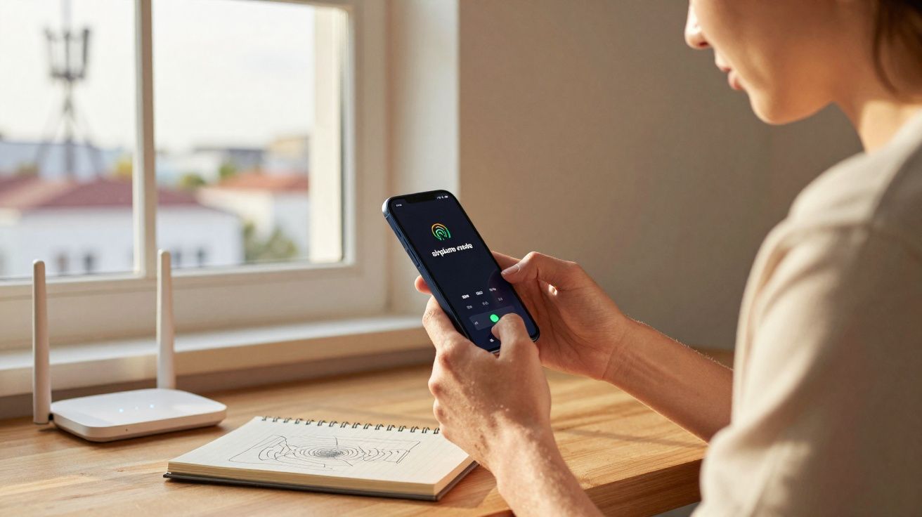 Pessoa usando celular para conectar à rede Wi-Fi no cômodo com roteador e caderno sobre mesa de madeira.