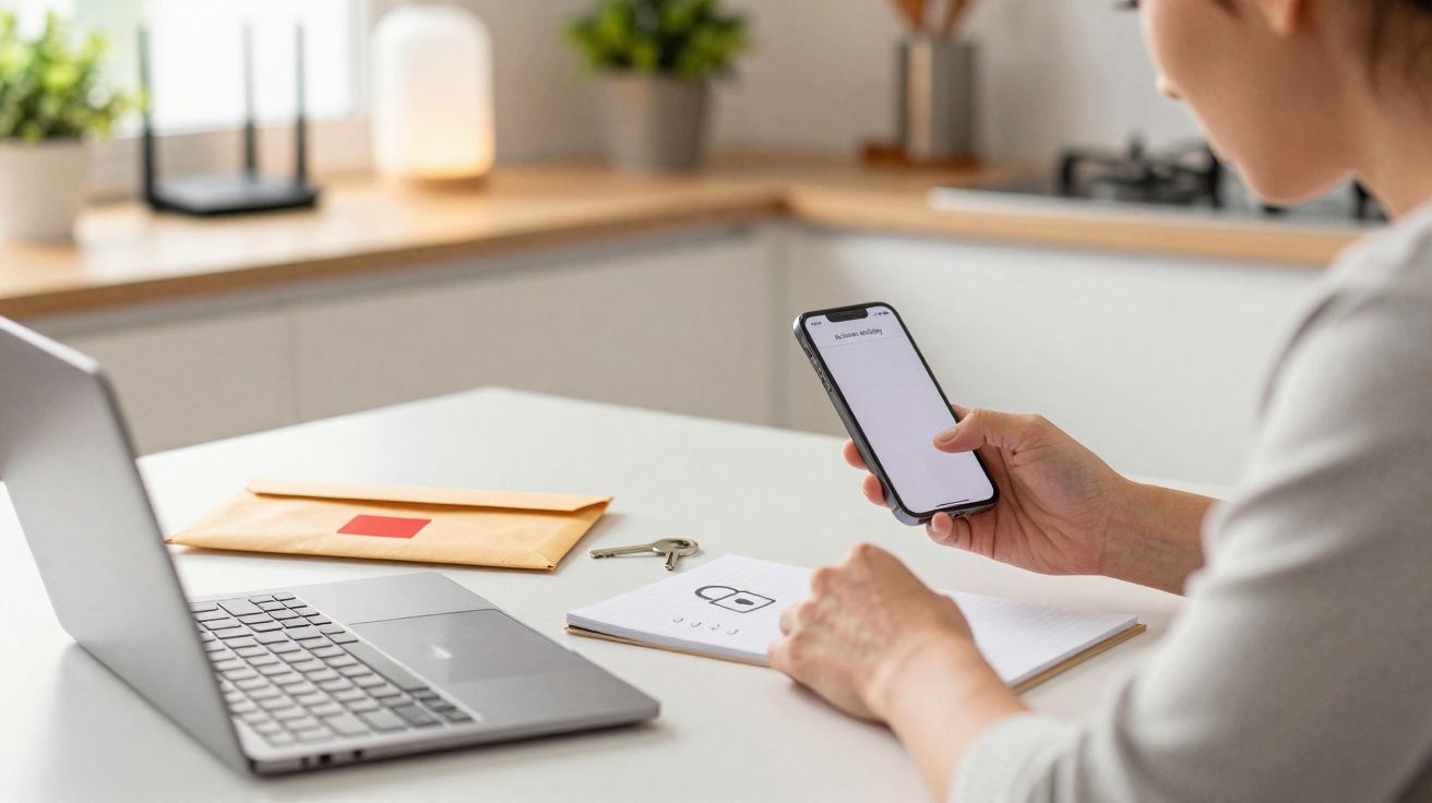 Pessoa segura celular com tela em branco, sentada à mesa com notebook, envelope e chave em ambiente de escritório.