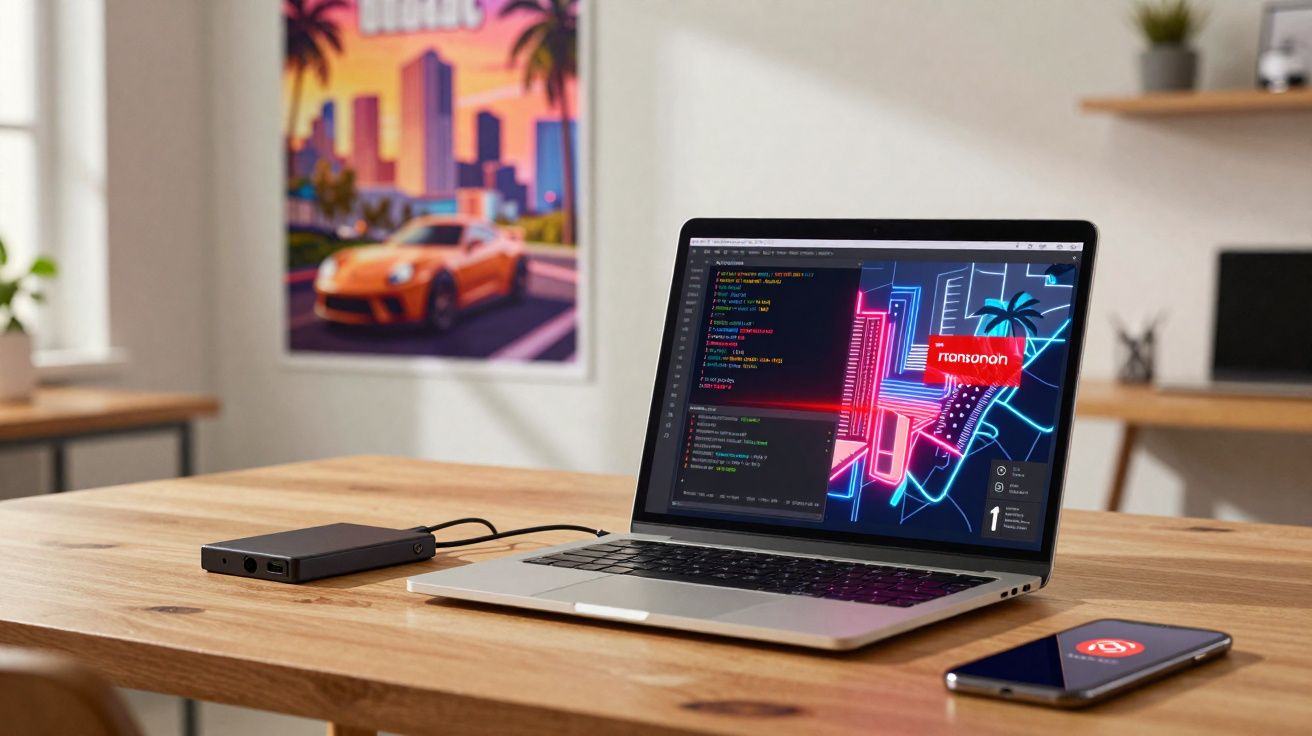 Notebook aberto com tela exibindo códigos e gráficos futuristas, em mesa de madeira com celular e HD externo.