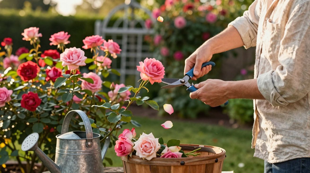 Pessoa podando rosas cor-de-rosa em jardim ao ar livre com regador de metal ao lado.