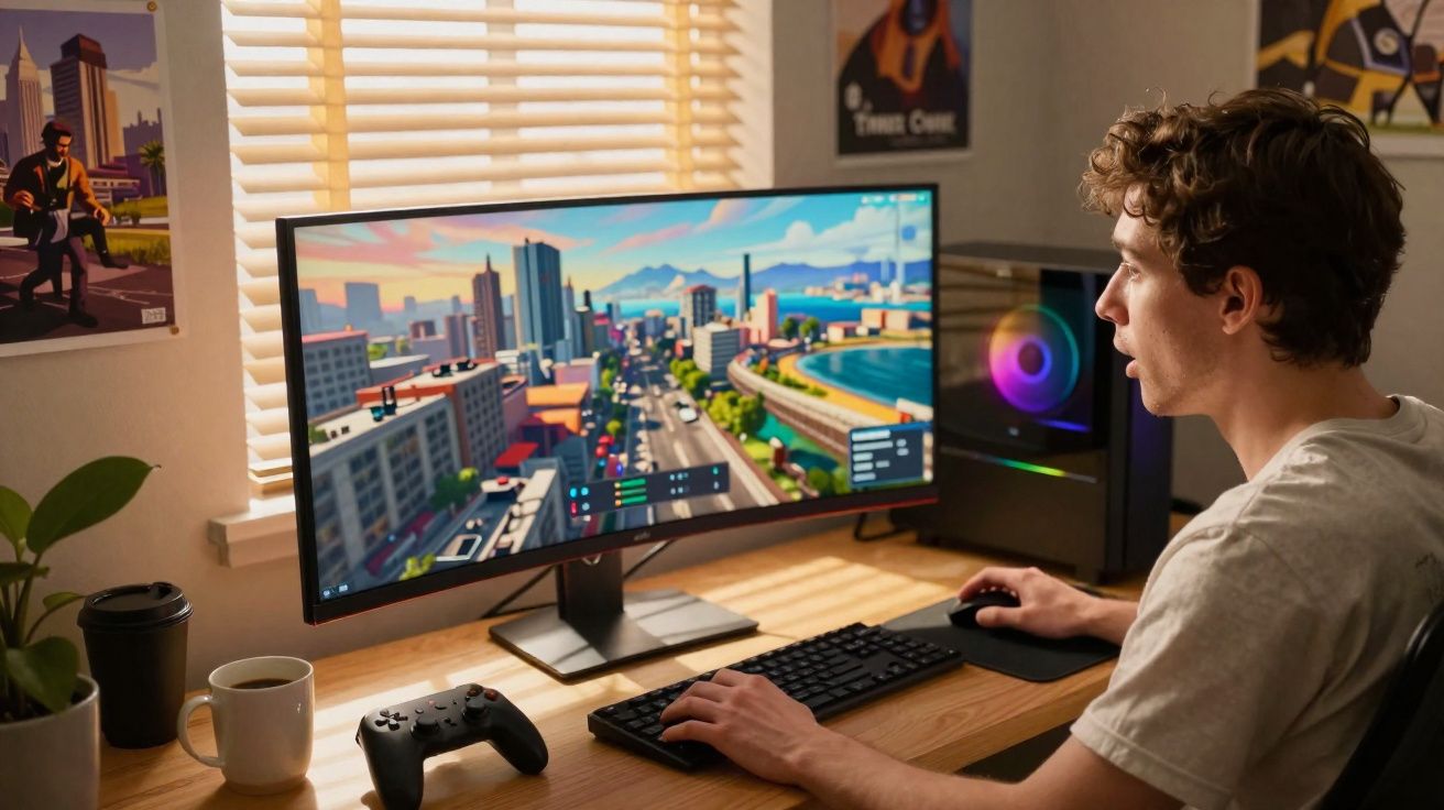 Jovem jogando videogame em computador com monitor ultrawide em mesa organizada perto de janela.