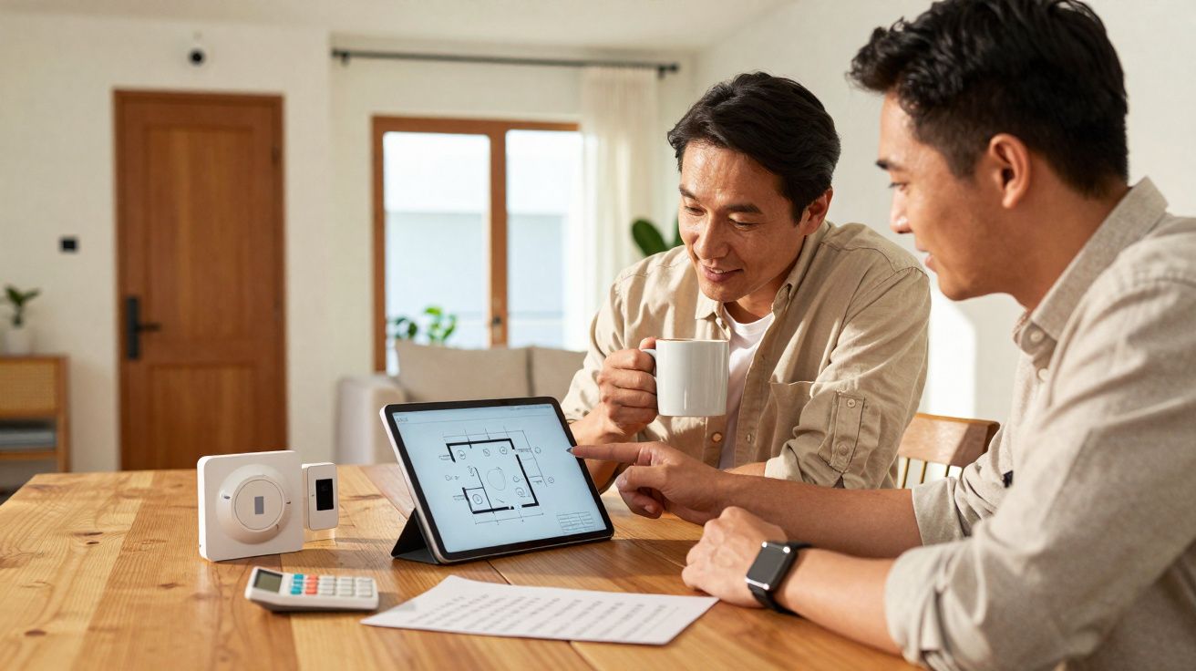 Dois homens analisam planta baixa em tablet, sentados à mesa com café e documentos.