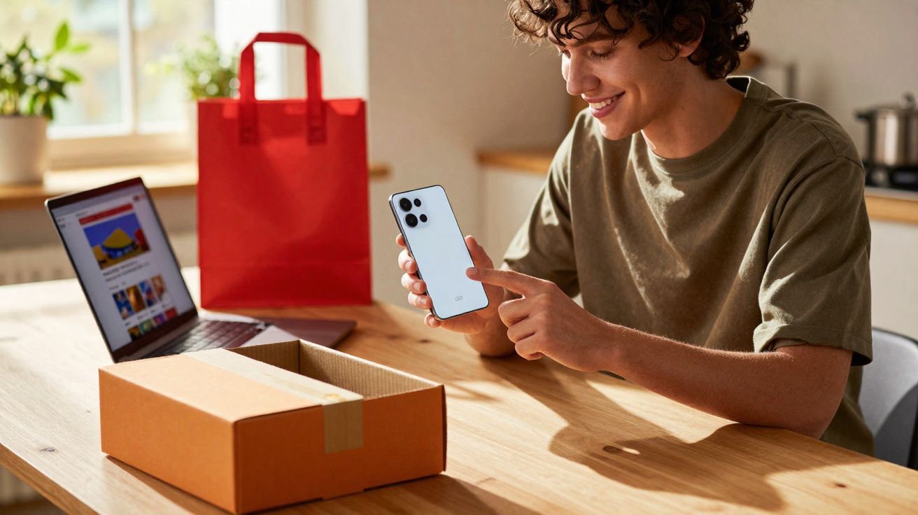 Jovem sentado à mesa segurando um smartphone branco, com caixa e laptop ao fundo em ambiente iluminado.