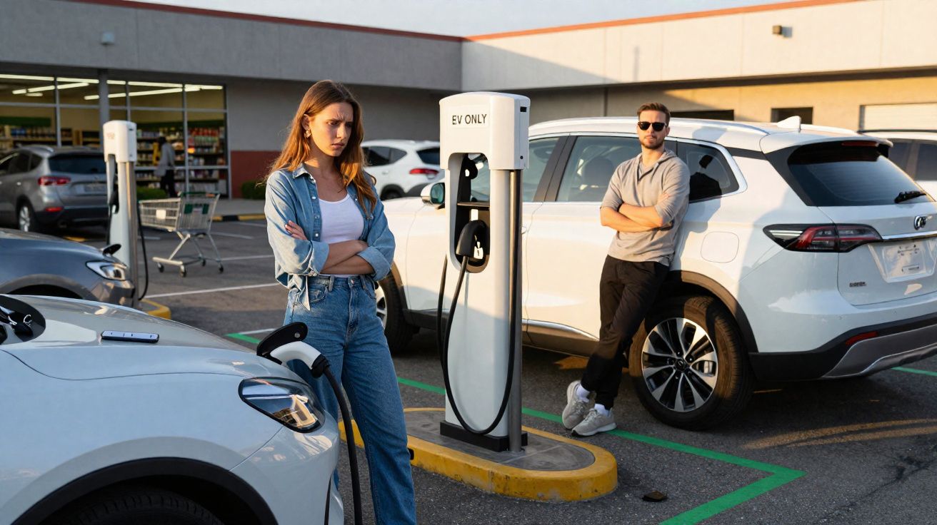 Mulher e homem de braços cruzados em posto de recarga de carros elétricos no estacionamento.