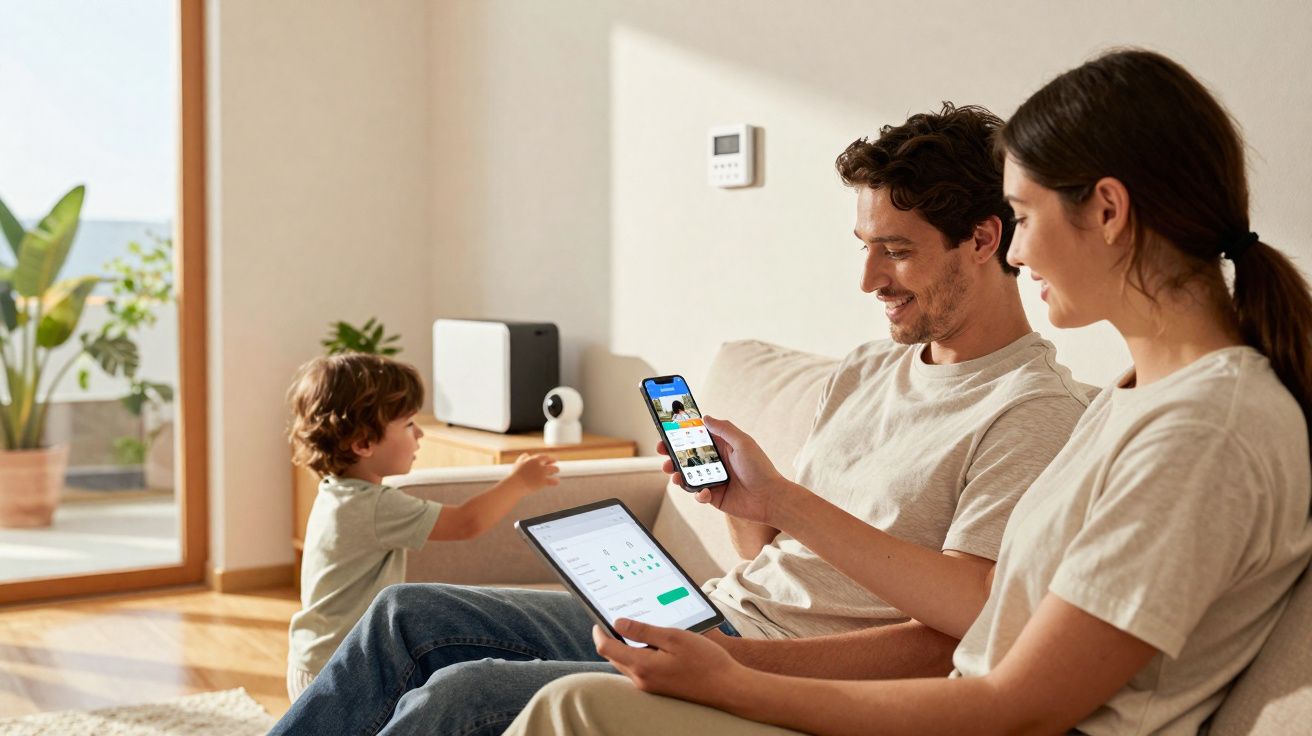 Família sentada no sofá usando smartphone e tablet em sala iluminada com plantas ao fundo.