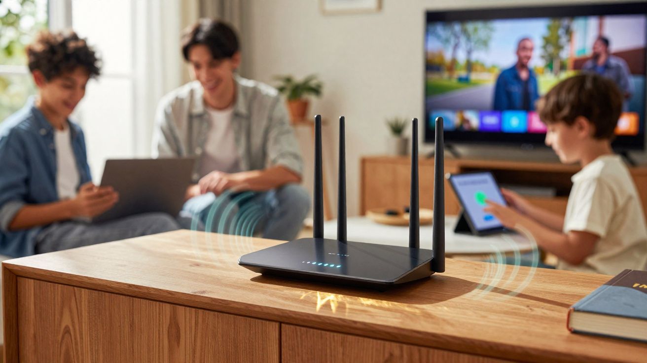 Roteador preto em mesa de madeira com três crianças usando dispositivos digitais ao fundo.