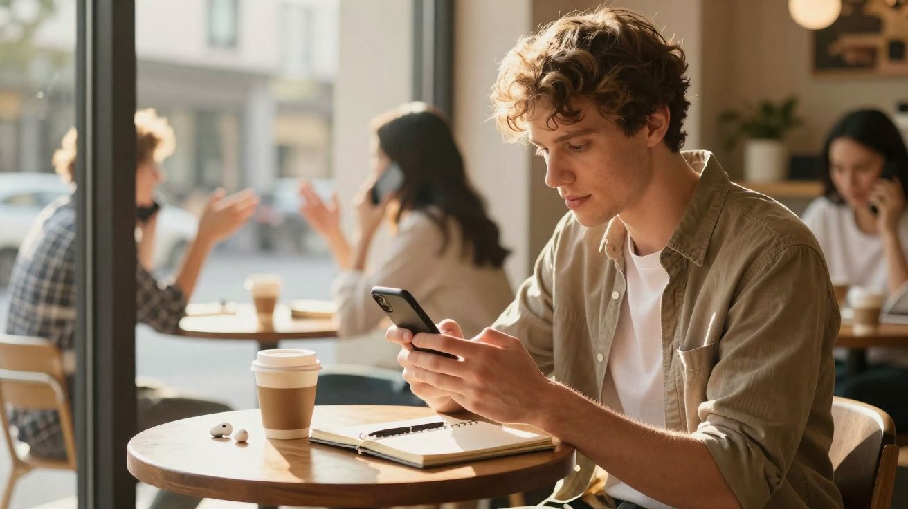 Jovem sentado em cafeteria usando celular, com café, fones e caderno na mesa, pessoas ao fundo conversando.
