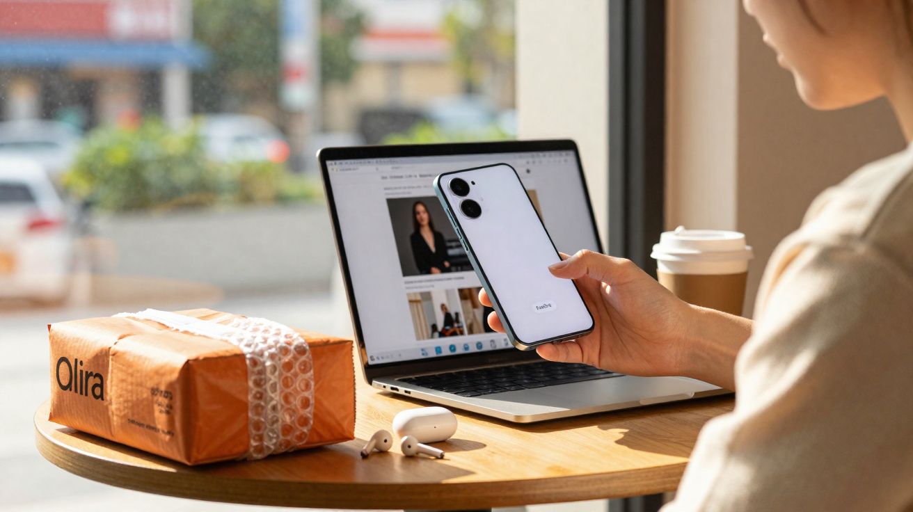 Pessoa segurando smartphone branco em frente a laptop sobre mesa com pacote, fones e copo de café.