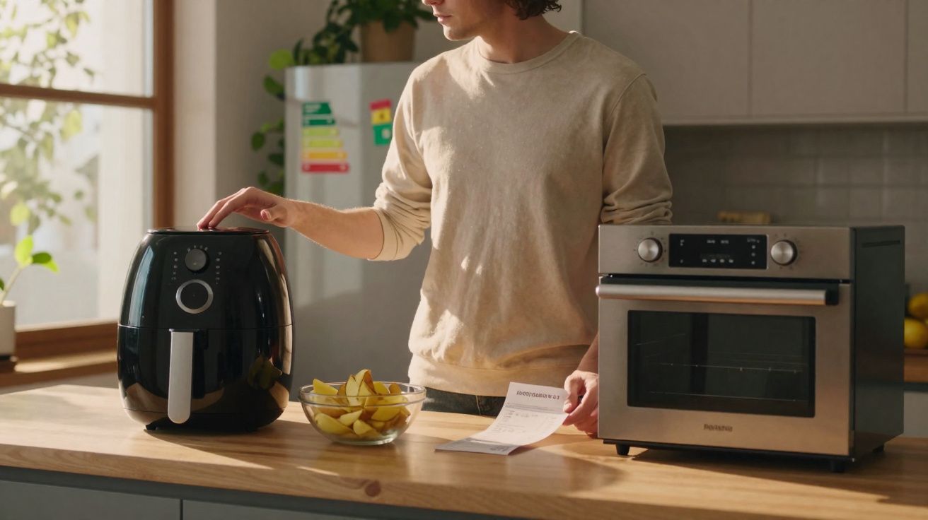 Pessoa usando fritadeira elétrica na bancada da cozinha com forno elétrico e tigela de batatas cortadas.