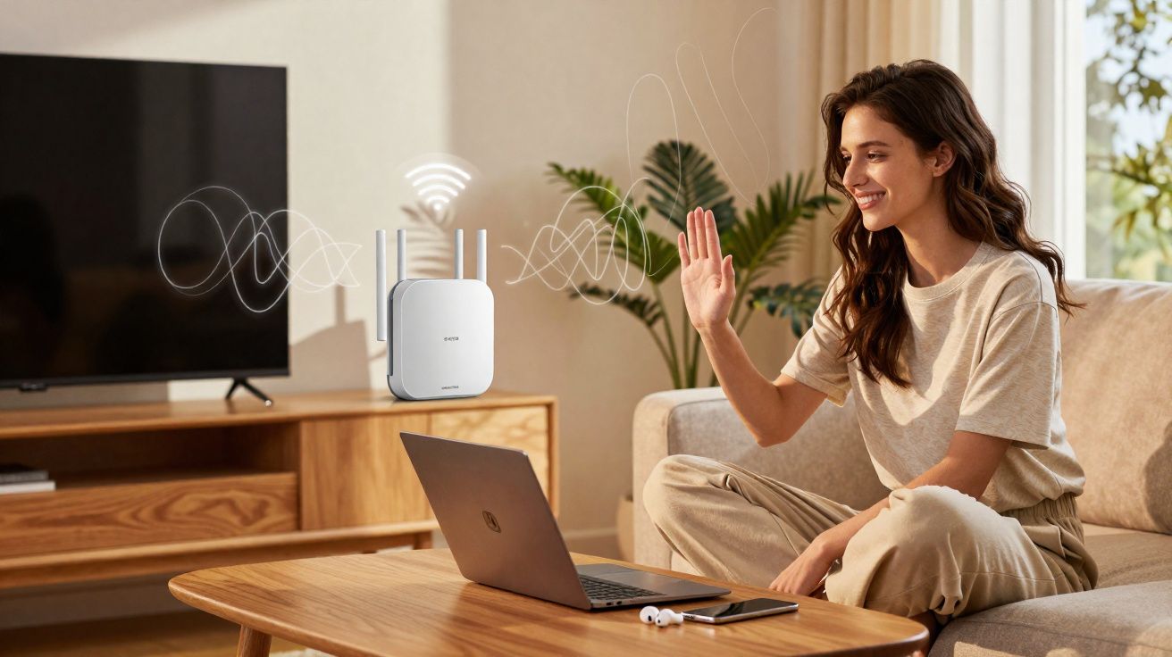 Mulher em sala acena para laptop, com repetidor Wi-Fi flutuando e sinais de conexão visíveis.