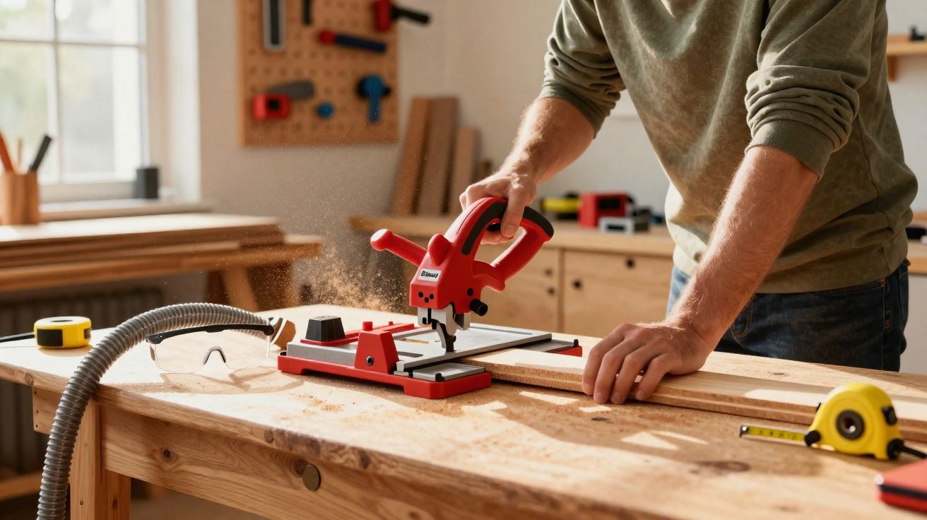 Pessoa cortando madeira com serra elétrica vermelha em bancada de marcenaria iluminada pela luz natural