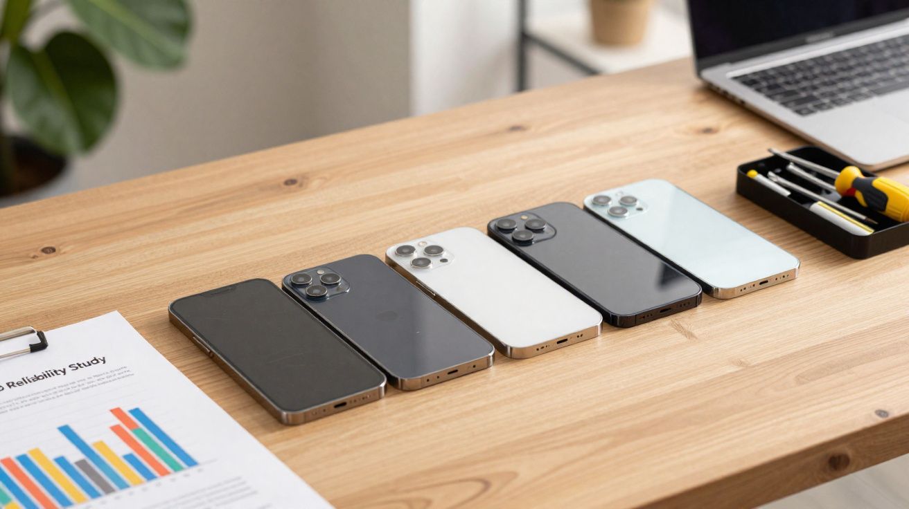 Cinco smartphones alinhados sobre mesa de madeira ao lado de papel com gráfico colorido e ferramentas.