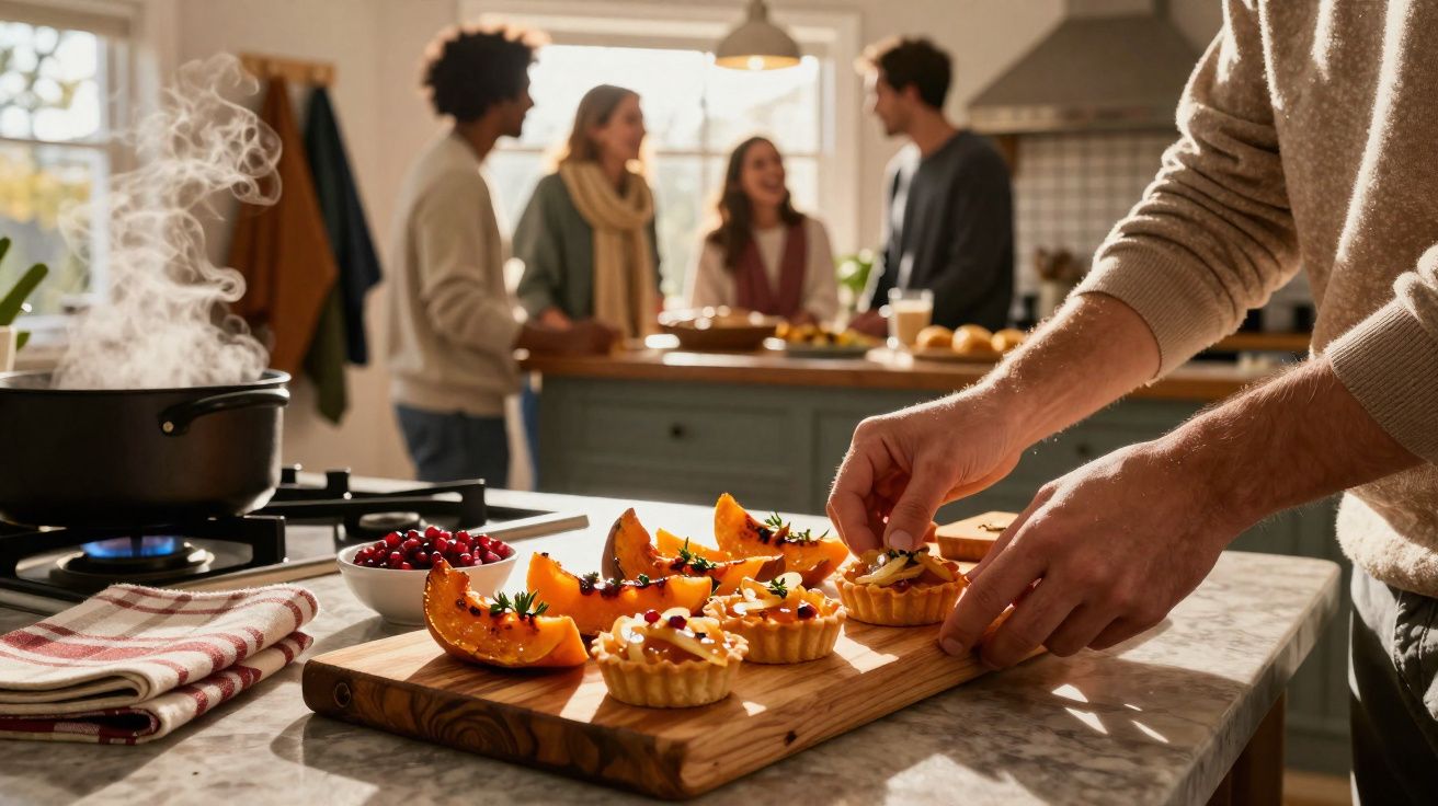 Pessoa decorando tortinhas em uma cozinha enquanto três pessoas conversam ao fundo.