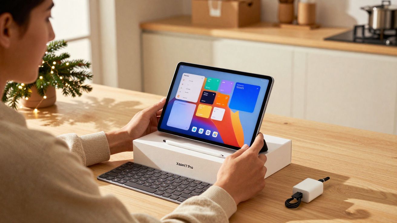 Pessoa segurando tablet Xiaomi 11T Pro com teclado em mesa de madeira na cozinha.