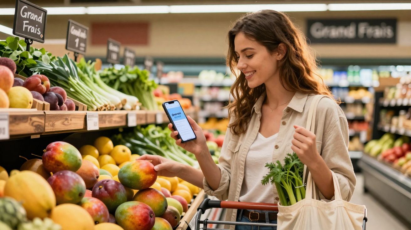 Mulher sorridente faz compras no mercado, segurando celular e sacola com legumes, escolhe manga na feira.