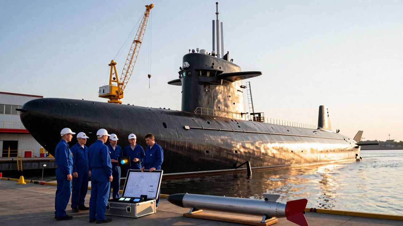 Homens em macacão azul revisam planos ao lado de submarino preto ancorado em porto industrial.