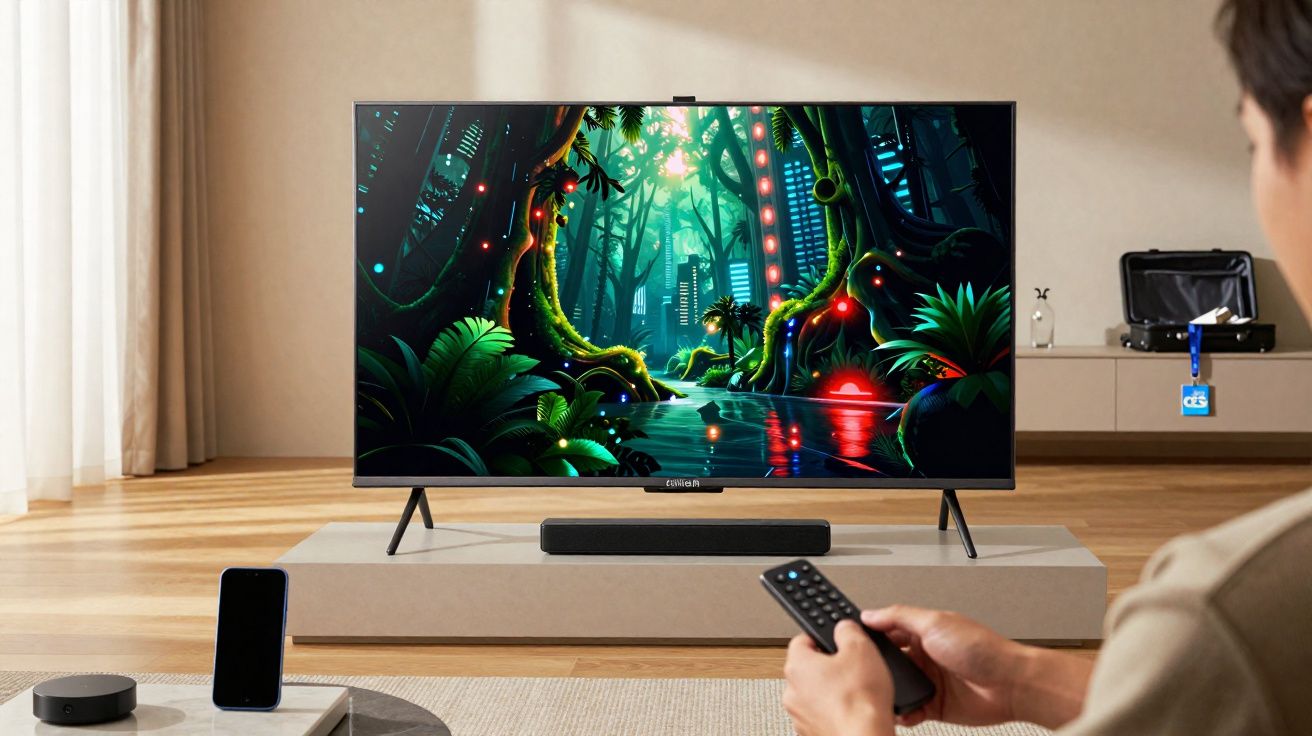 Pessoa segurando controle remoto assistindo TV com imagem colorida de floresta futurista em sala com luz natural.