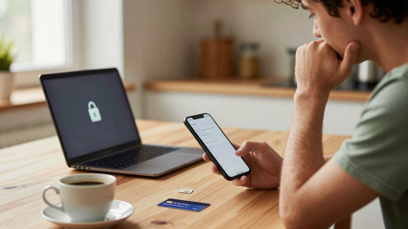 Homem olhando celular com cartão, chip e laptop bloqueado em mesa de madeira com xícara de café.