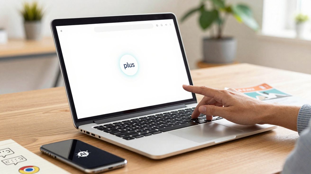 Pessoa usando notebook com tela branca e logo plus, ao lado smartphone sobre mesa de madeira.