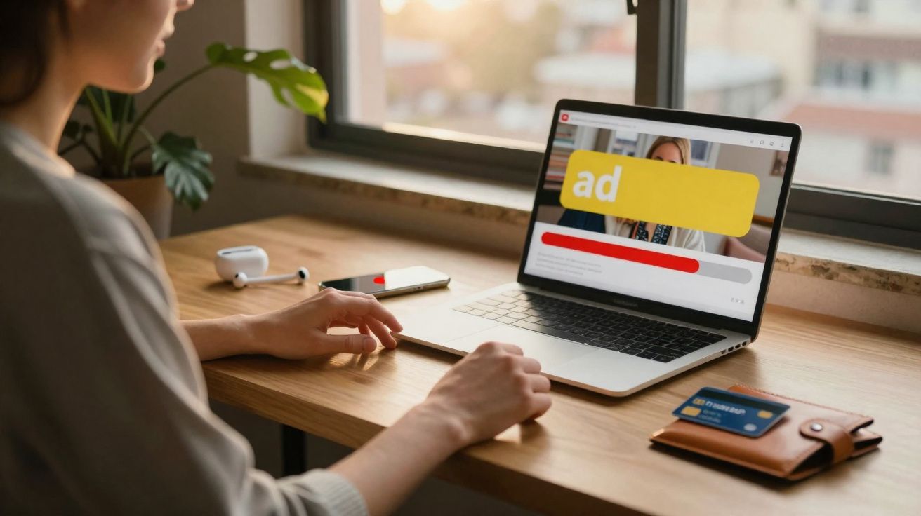 Pessoa assistindo vídeo com anúncio em laptop sobre mesa de madeira perto da janela.