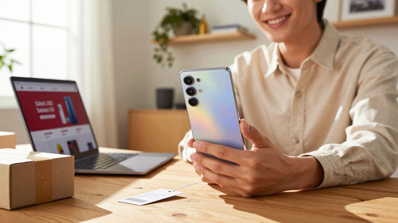 Pessoa segurando smartphone prata com laptop e caixa de papelão em mesa de madeira.