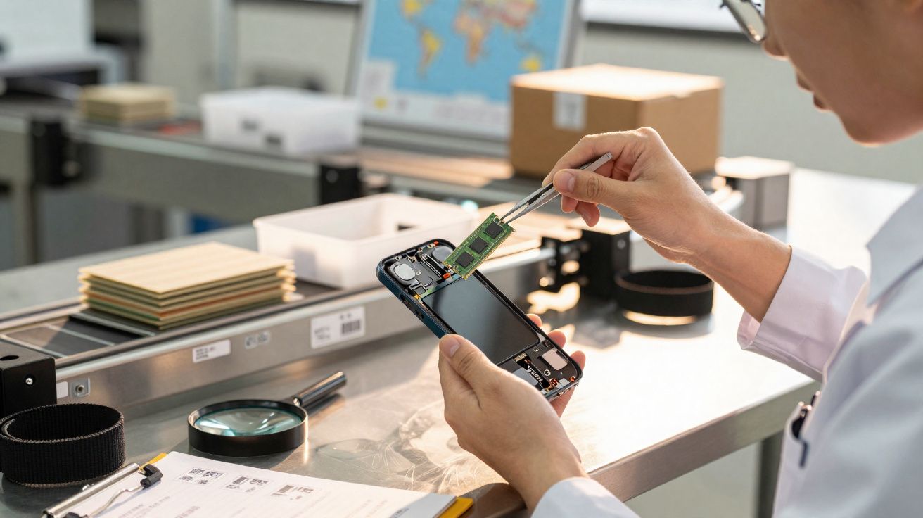 Pessoa consertando celular aberto e inserindo componente eletrônico em bancada de trabalho.