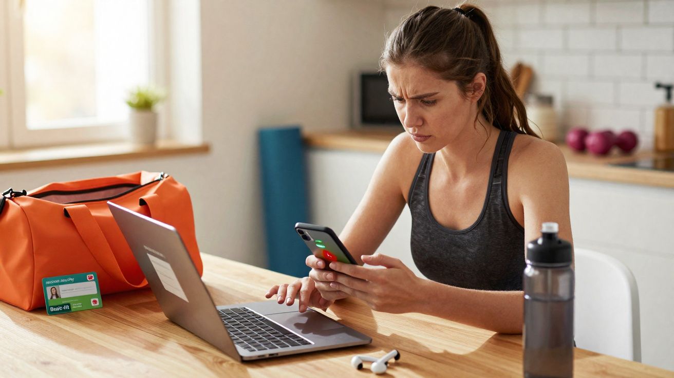 Mulher sentada à mesa usando smartphone, com laptop e garrafa de água à sua frente.