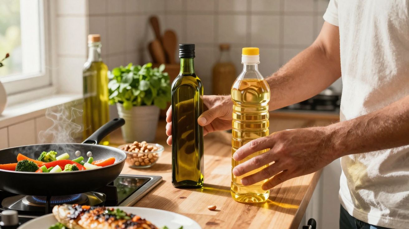 Pessoa segurando garrafas de azeite em cozinha com frigideira de legumes no fogão e prato com peixe.