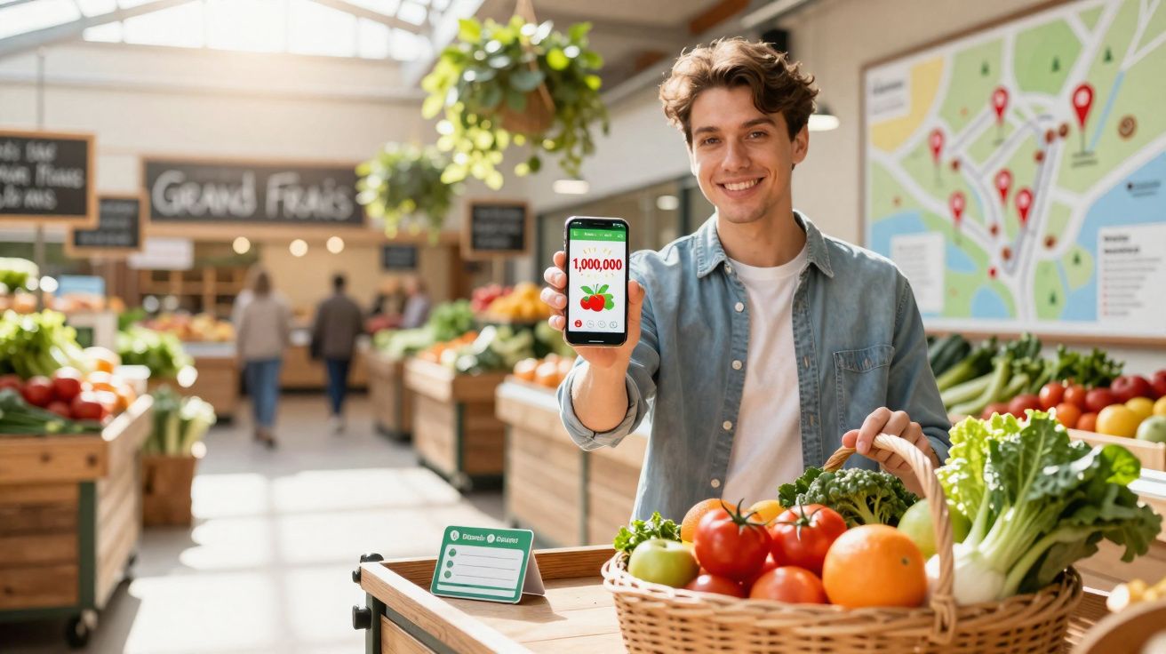 Jovem sorridente em feira segura celular mostrando tela de aplicativo de frutas com cesta de legumes.