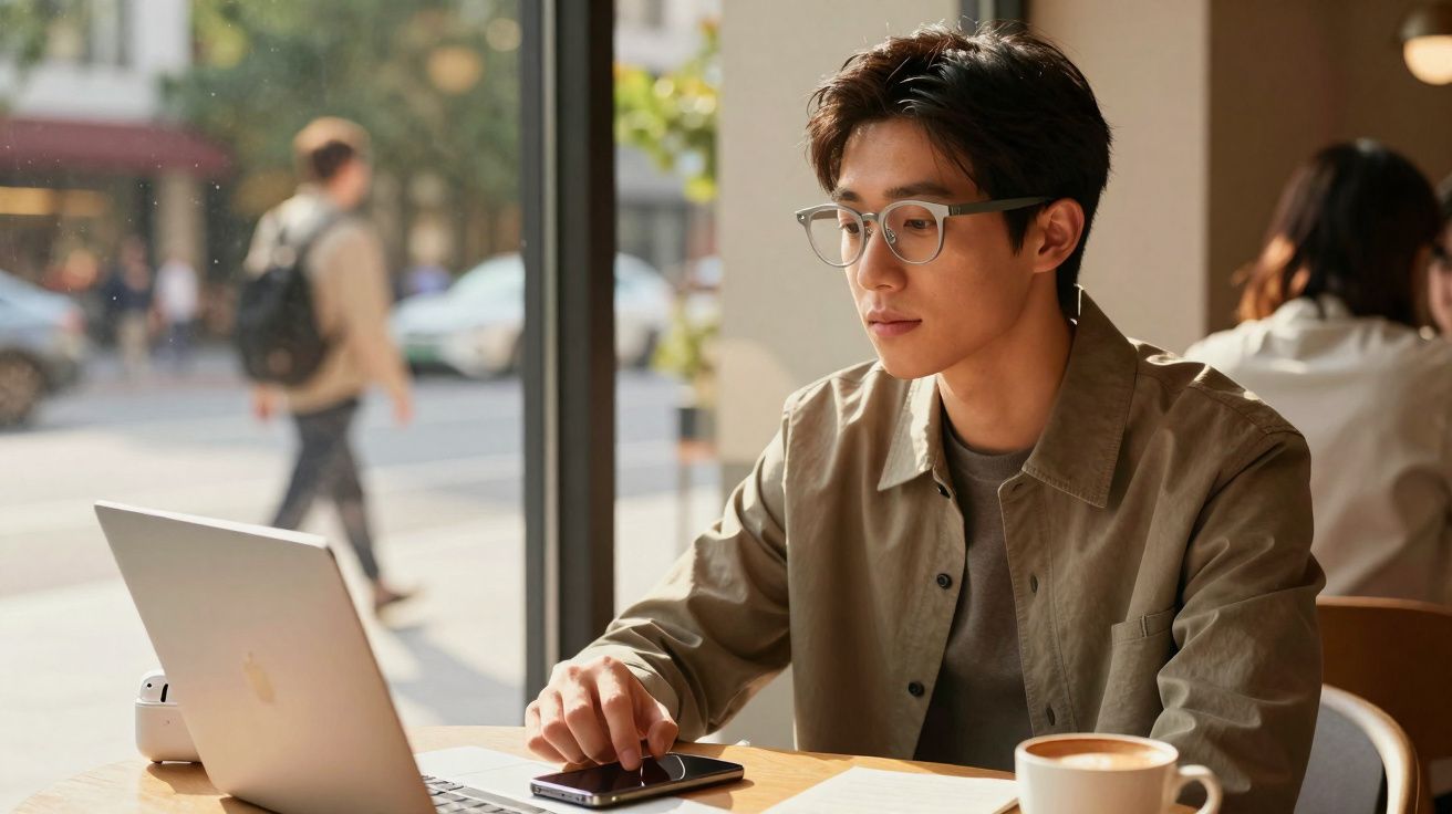 Jovem usando óculos trabalha em laptop em cafeteria, com café e caderno na mesa.