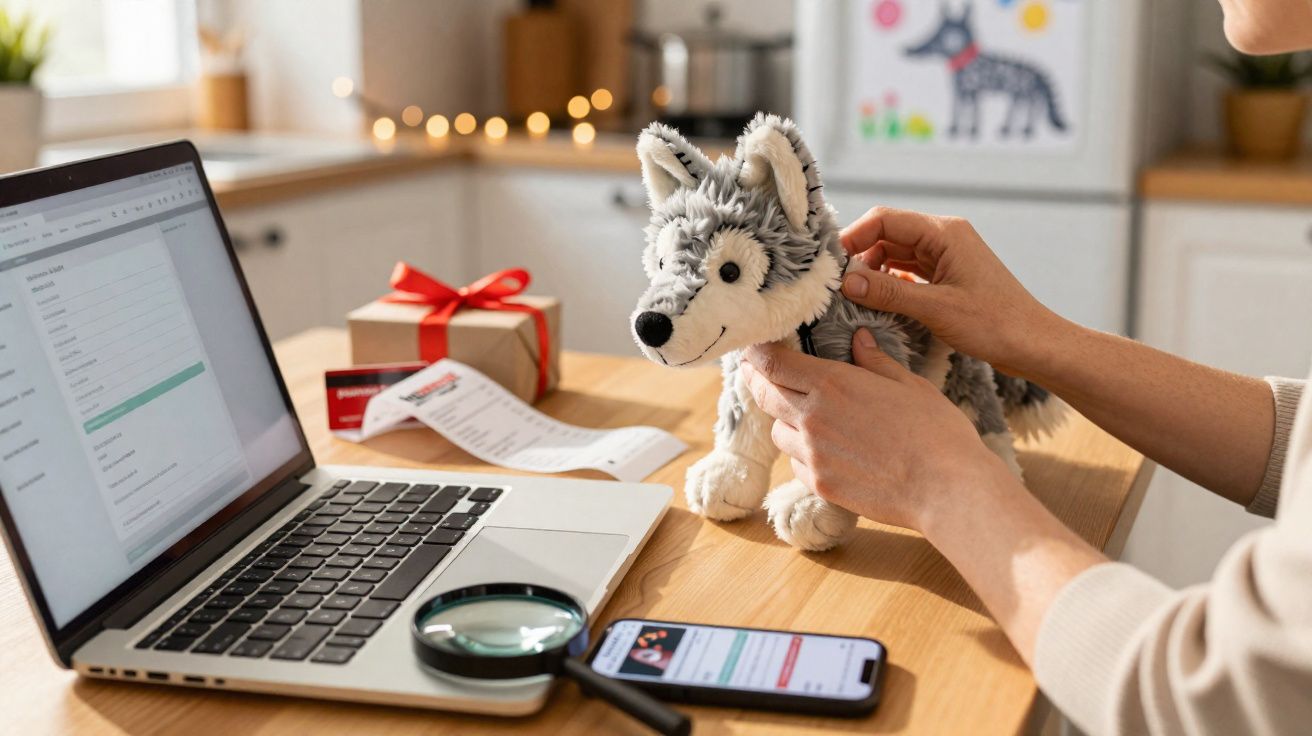 Pessoa ajustando brinquedo de pelúcia de cachorro, com laptop, celular, lupa e presente na mesa.