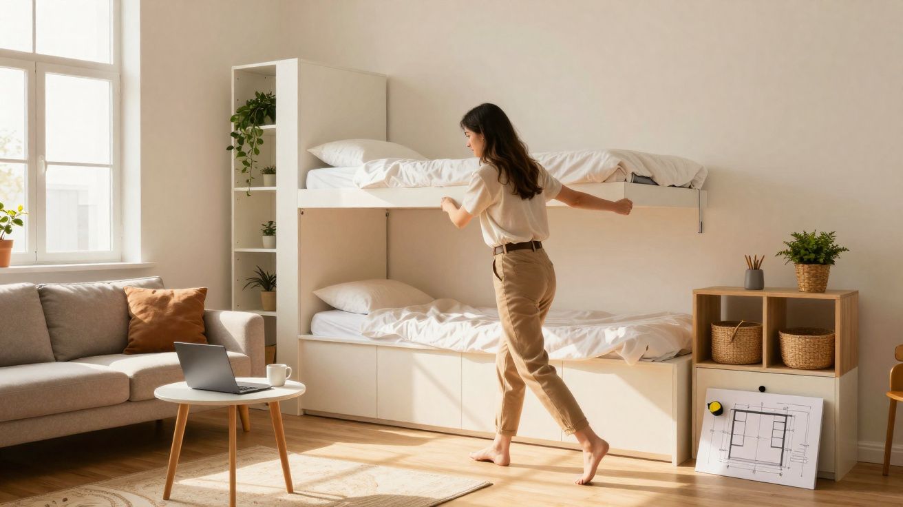 Mulher arrumando a cama de cima em quarto moderno e iluminado com sofá e plantas.