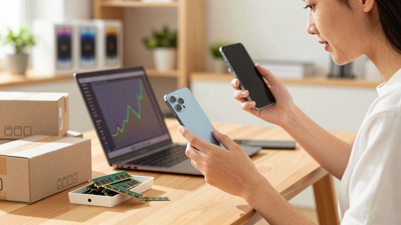 Pessoa usando dois celulares com laptop exibindo gráfico e módulos de memória sobre mesa de madeira.