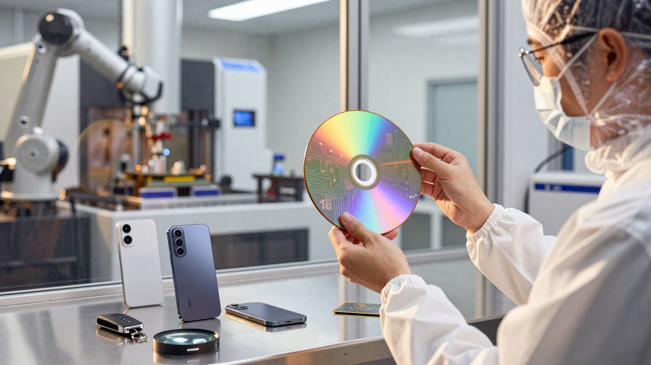 Pessoa em ambiente de laboratório segurando um disco óptico holográfico com dispositivos eletrônicos ao fundo.