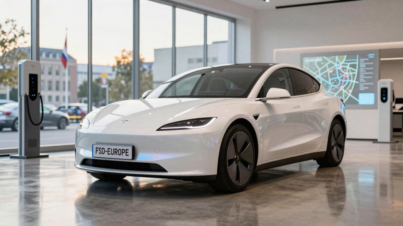 Carro elétrico branco Tesla estacionado em showroom moderno com carregadores e mapa digital ao fundo.