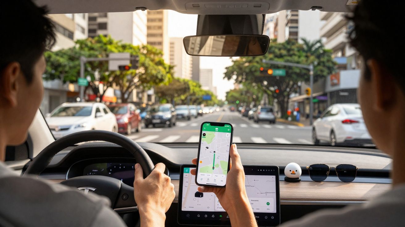 Dois homens dentro de um carro, um dirige e o outro segura um celular com aplicativo de mapa aberto.