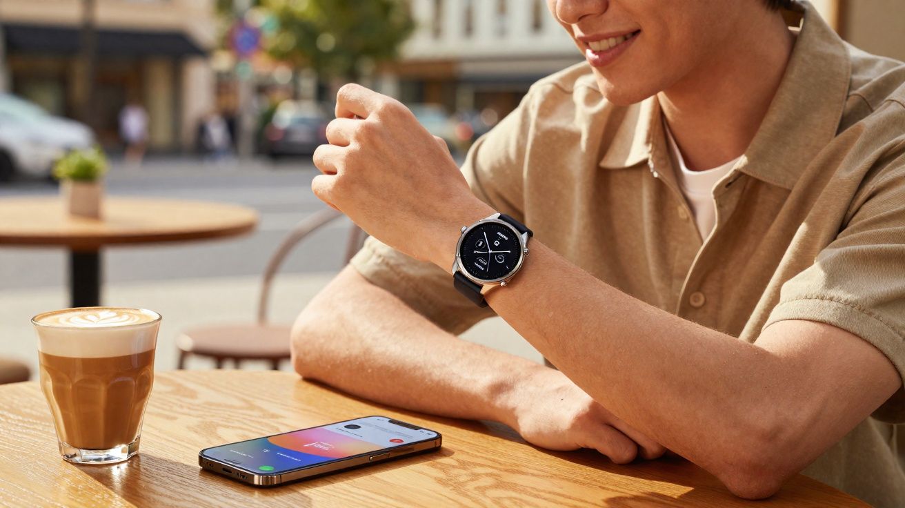 Pessoa sorrindo usando relógio inteligente no braço, ao lado de celular e copo de café sobre mesa.