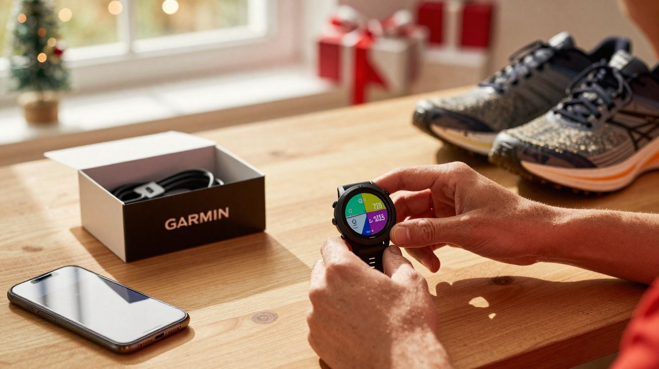 Pessoa segurando relógio Garmin com tênis, celular e caixa sobre mesa de madeira clara.