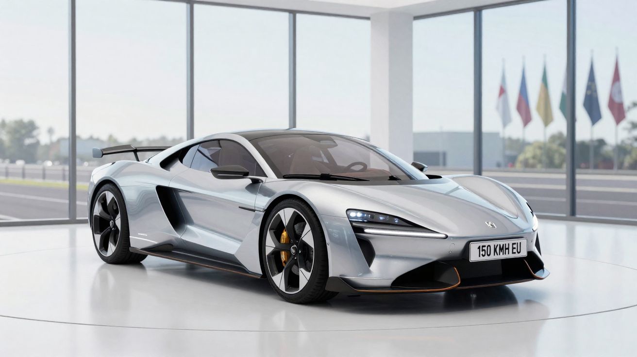 Carro esportivo prata moderno estacionado em ambiente interno com janelas grandes e bandeiras ao fundo.