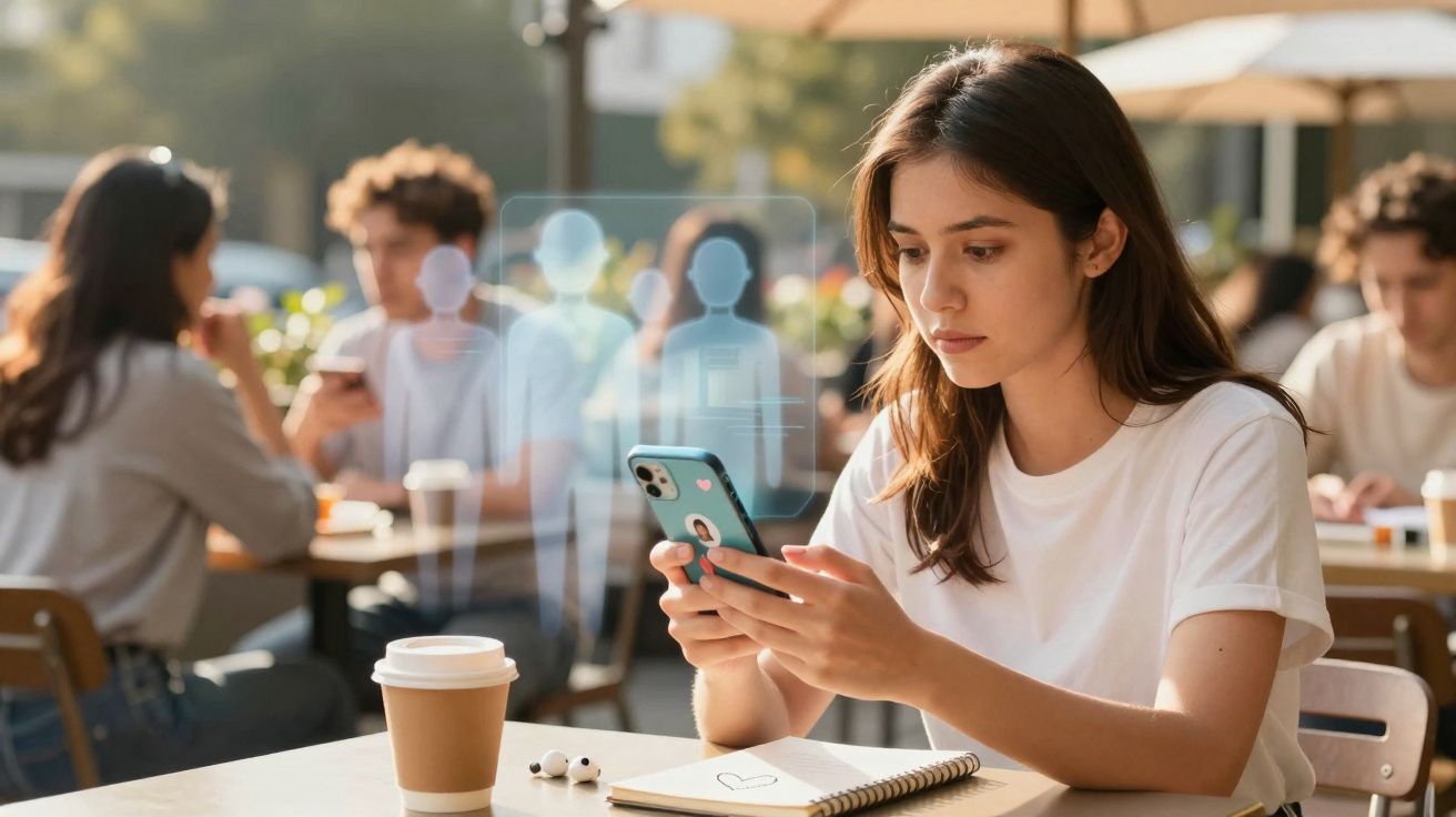 Jovem usando celular em cafeteria com hologramas digitais de perfis de pessoas flutuando ao redor.